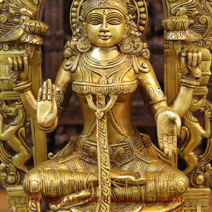 Brass Lakshmi Statue in Yaksha Frame with Peacock Diya, Fine Golden Finish 24"