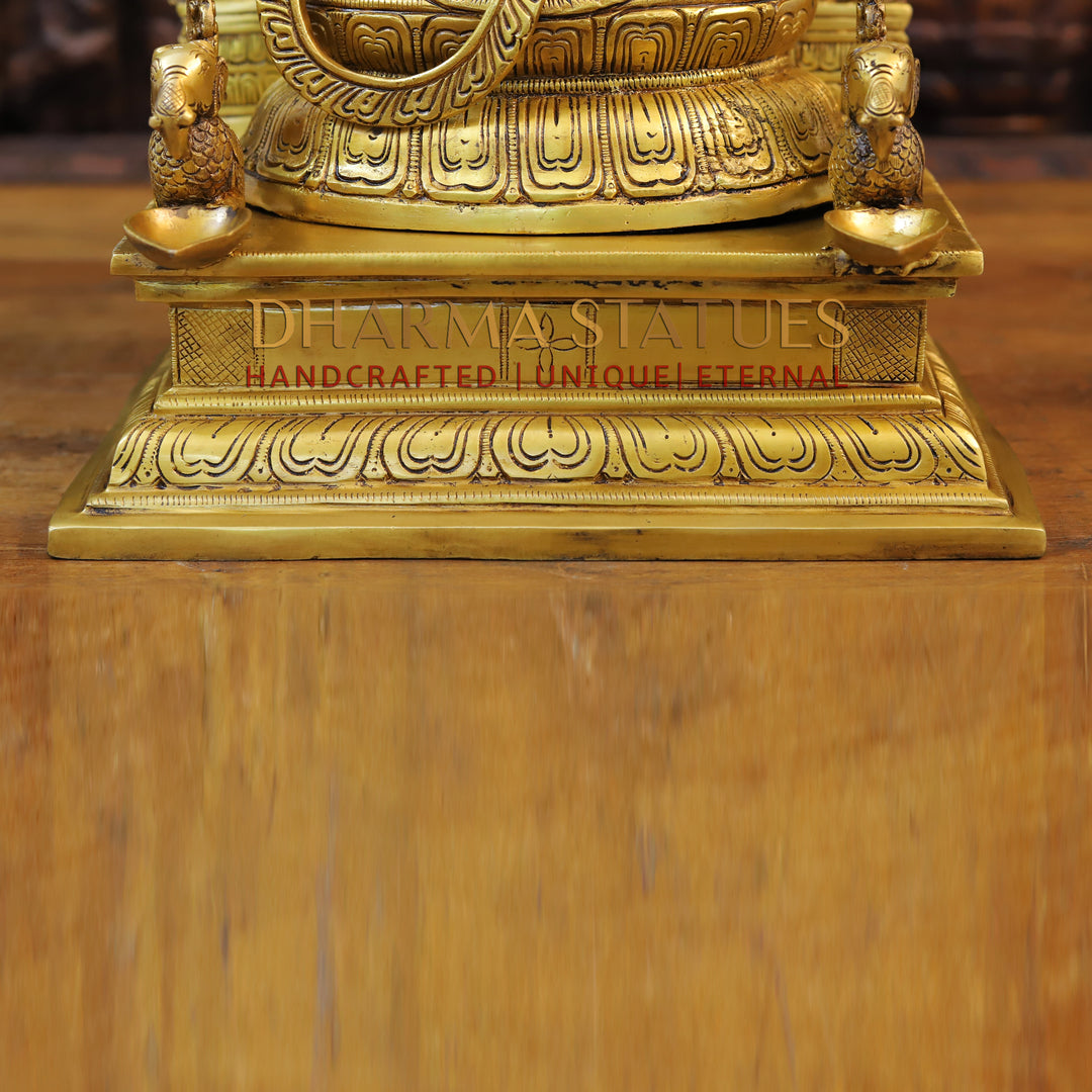 Brass Lakshmi Statue in Yaksha Frame with Peacock Diya, Fine Golden Finish 24"