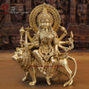 Brass Durga Idol, Sitting on a Mighty Lion, Golden Fine Finish 15" Front View