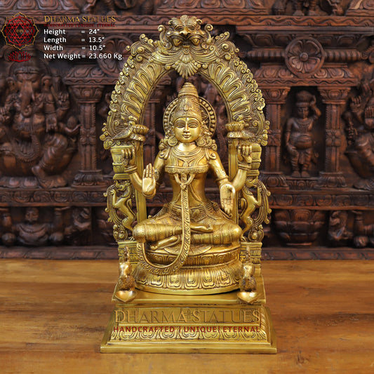 Brass Lakshmi Statue, Seated on a Throne, Fine Golden Finish 24" Front View