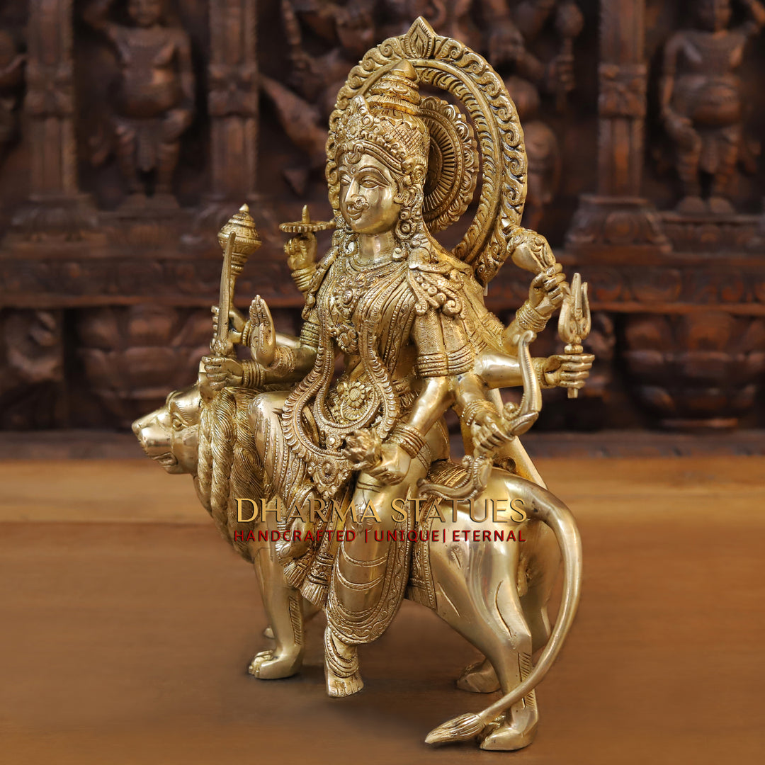 Brass Durga Idol | Sitting on a Mighty Lion, Golden Fine Finish 15"