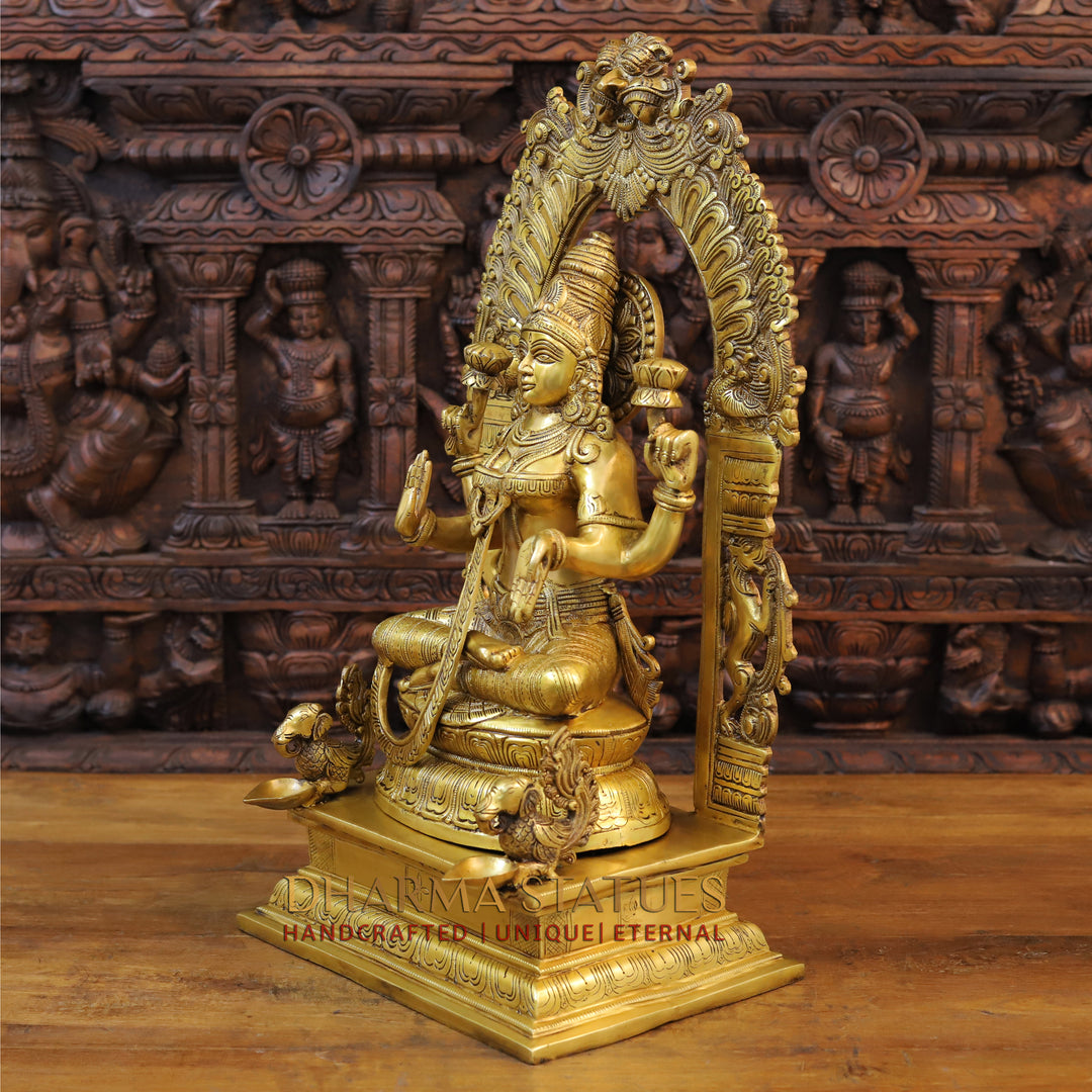 Brass Lakshmi Statue in Yaksha Frame with Peacock Diya, Fine Golden Finish 24"