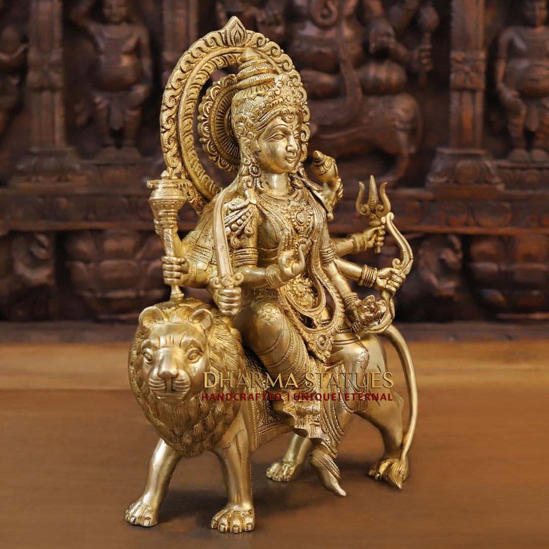 Brass Durga Idol | Sitting on a Mighty Lion, Golden Fine Finish 15"