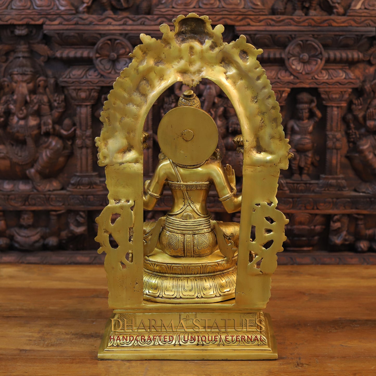 Brass Lakshmi Statue in Yaksha Frame with Peacock Diya, Fine Golden Finish 24"