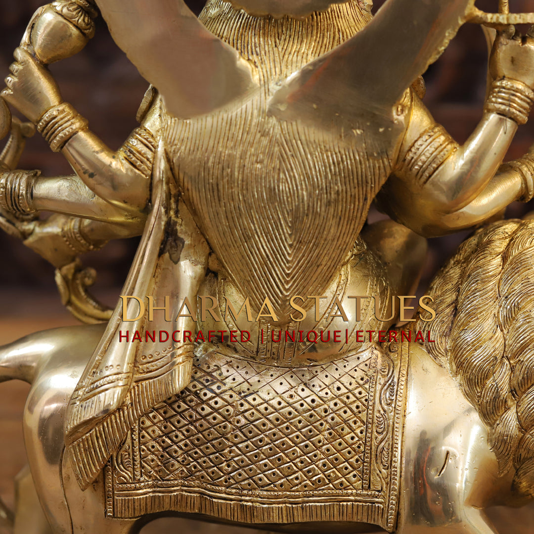 Brass Durga Idol | Sitting on a Mighty Lion, Golden Fine Finish 15"