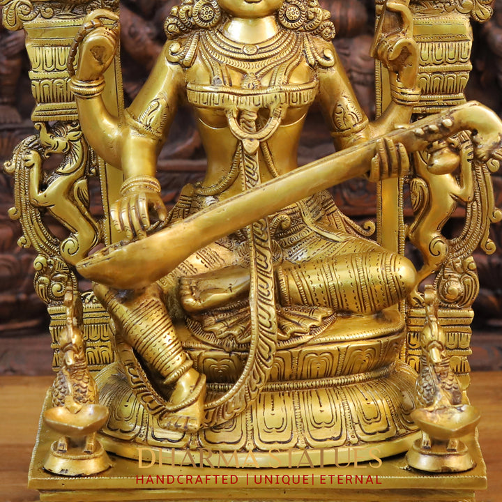 Brass Saraswati Statue Adorned in Yaksh Grandeur,  Harmony of Knowledge, Fine Golden Finish 24"