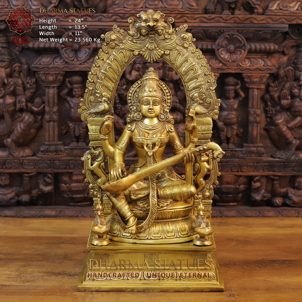 Brass Saraswati Statue Adorned in Yaksh Grandeur,  Harmony of Knowledge, Fine Golden Finish 24"