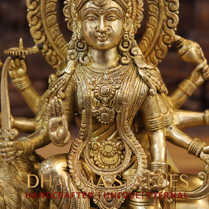 Brass Durga Idol | Sitting on a Mighty Lion, Golden Fine Finish 15"