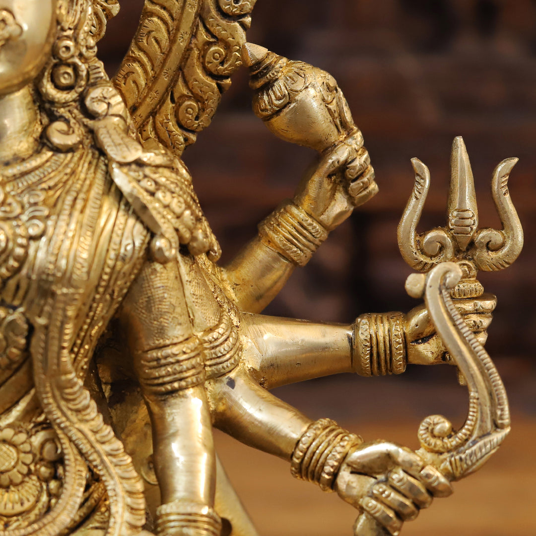 Brass Durga Idol | Sitting on a Mighty Lion, Golden Fine Finish 15"