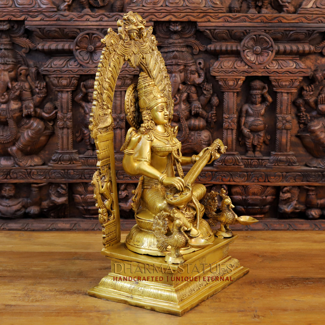 Brass Saraswati Statue Adorned in Yaksh Grandeur,  Harmony of Knowledge, Fine Golden Finish 24"