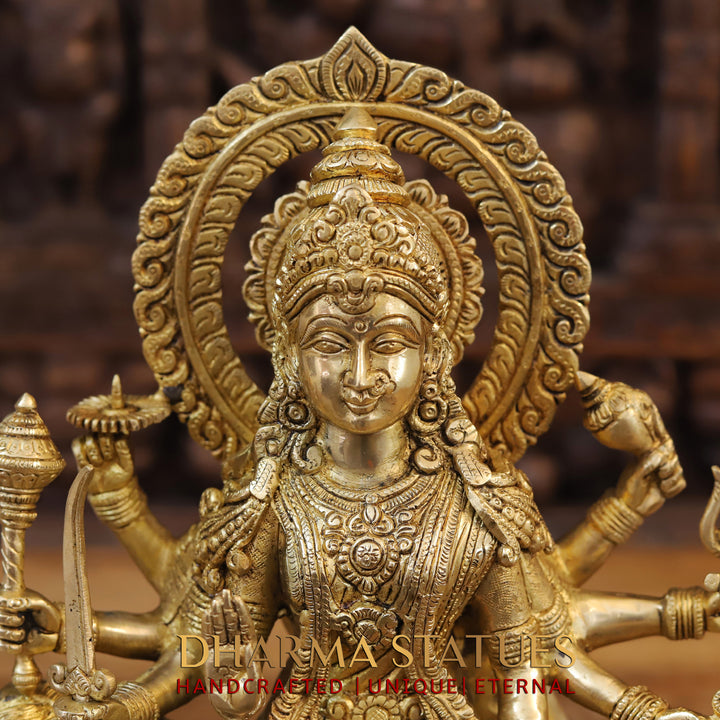 Brass Durga Idol | Sitting on a Mighty Lion, Golden Fine Finish 15"