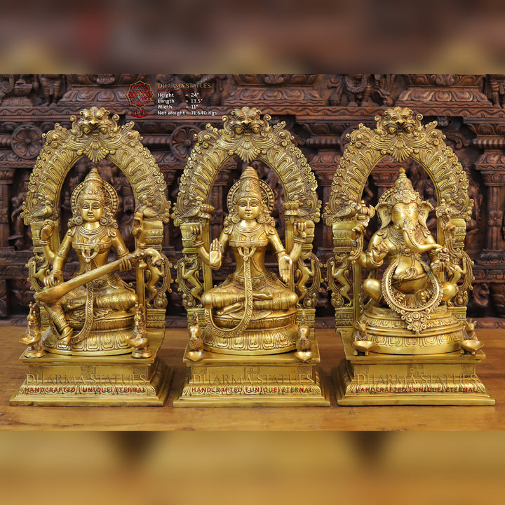 Brass Saraswati, Lakshmi, Ganesh  Statue ,Trimurti of Prosperity, Fine Golden Finish 24"