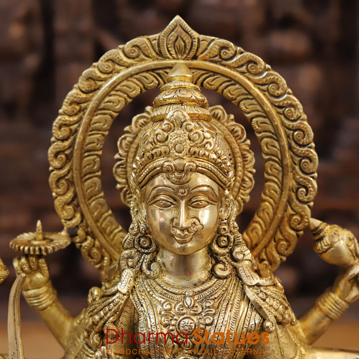 Brass Durga Idol | Sitting on a Mighty Lion, Golden Fine Finish 15"