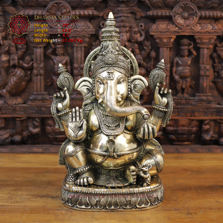 Brass Ganesh Seated with Surya on the Back, Mirror Finish 20"