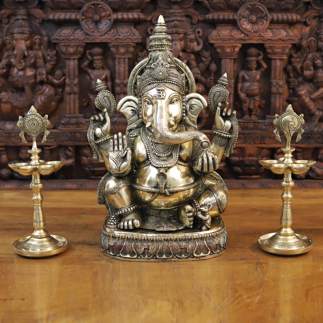 Brass Ganesh Seated with Surya on the Back, Mirror Finish 20"