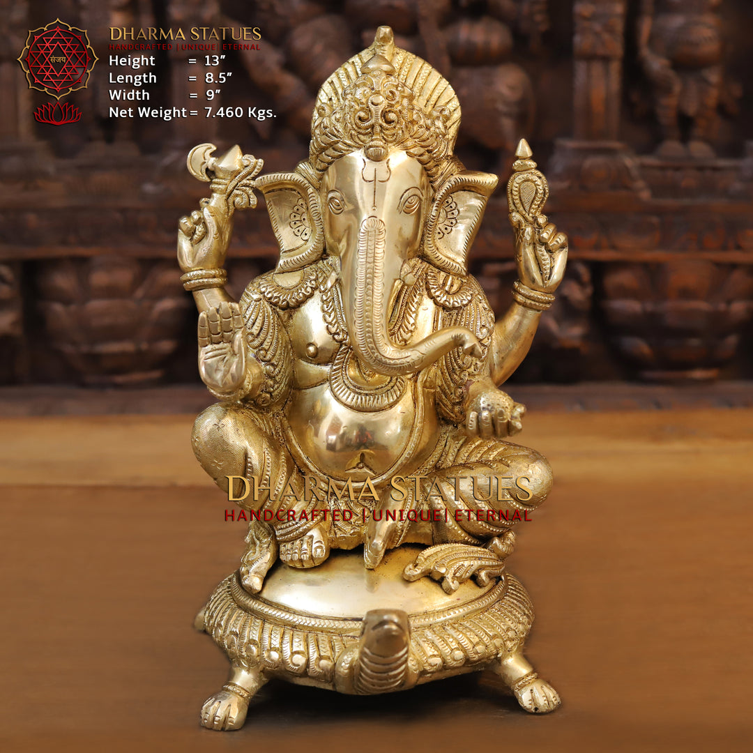 Brass Ganesh Idol, Seating on a Turtle, Fine Golden Finish 13" Front View