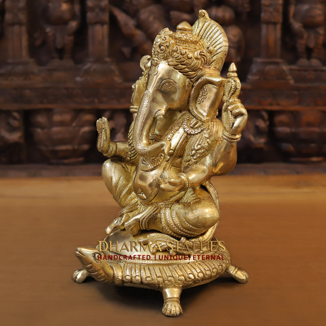 Brass Ganesh Idol, Seating on a Tortoise, Fine Golden Finish 13"