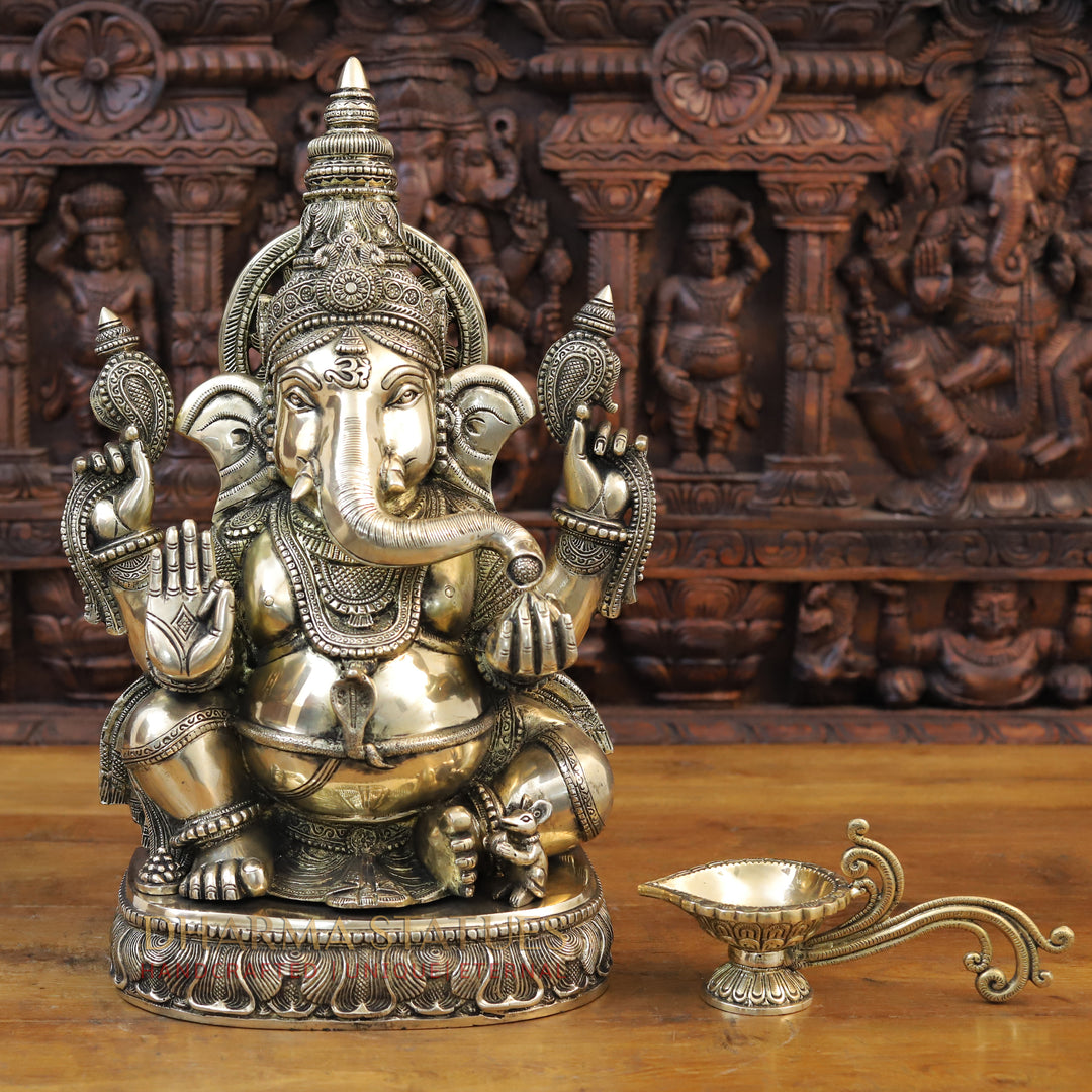 Brass Ganesh Seated with Surya on the Back, Mirror Finish 20"