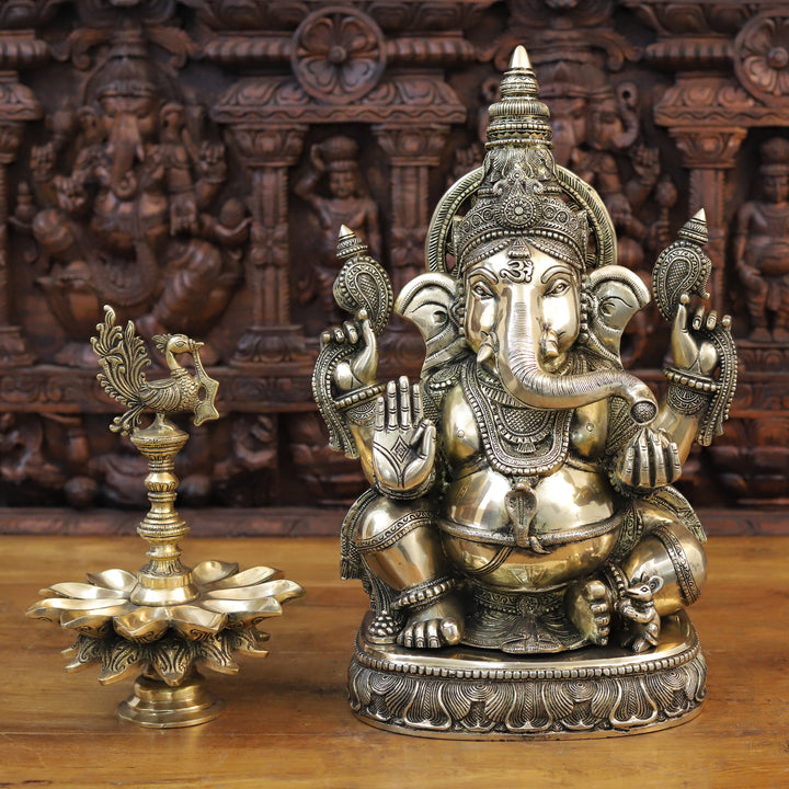 Brass Ganesh Seated with Surya on the Back, Mirror Finish 20"