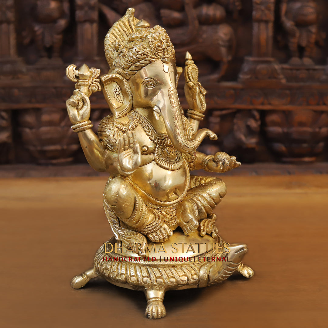 Brass Ganesh Idol, Seating on a Tortoise, Fine Golden Finish 13"