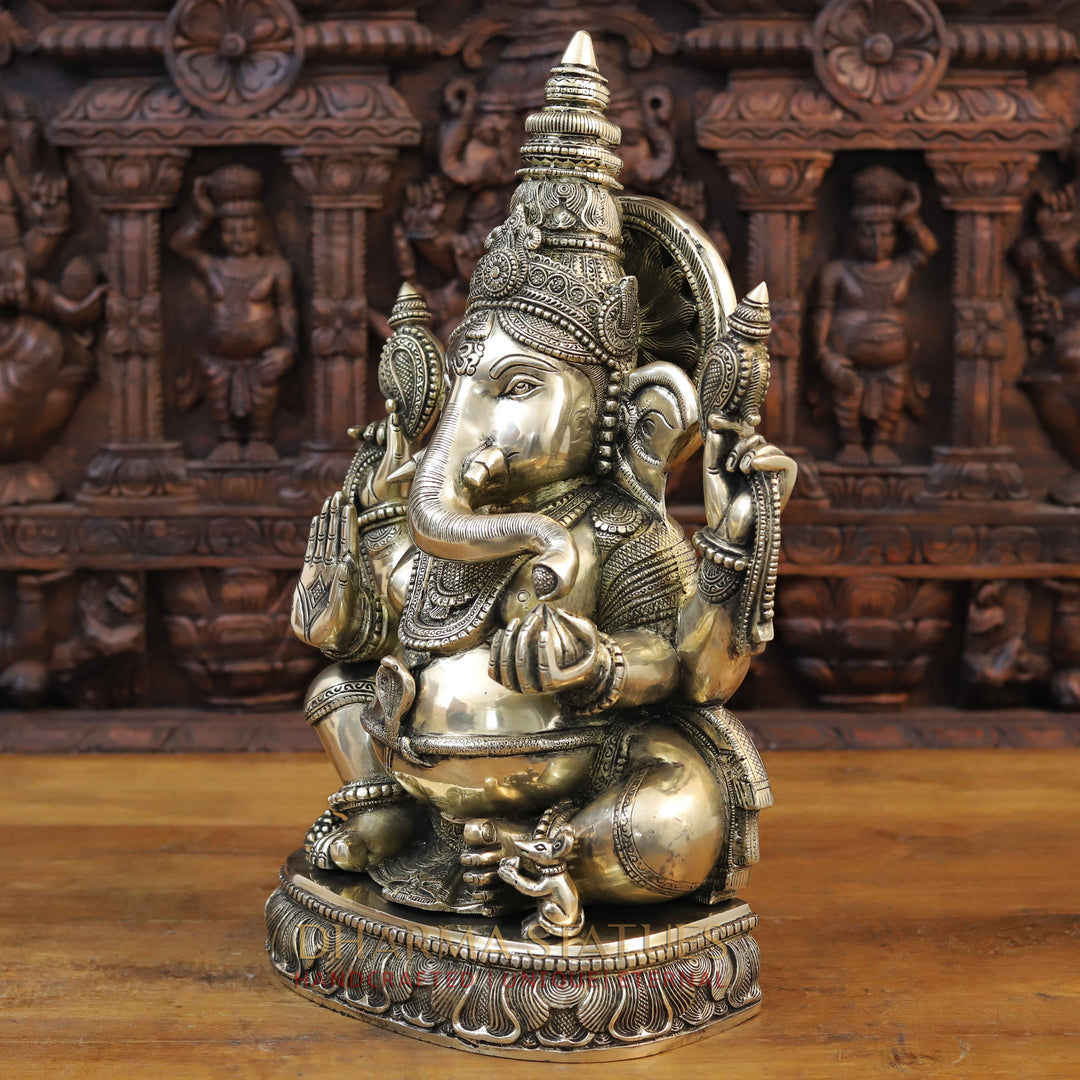 Brass Ganesh Seated with Surya on the Back, Mirror Finish 20"