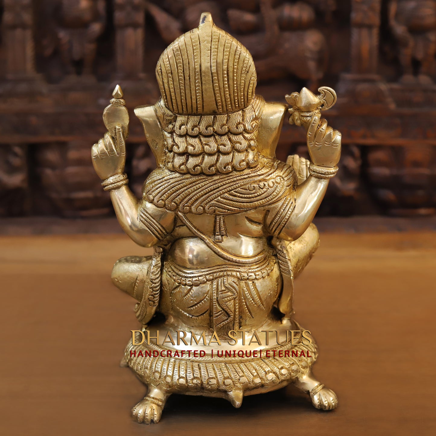 Brass Ganesh Idol, Seating on a Tortoise, Fine Golden Finish 13"