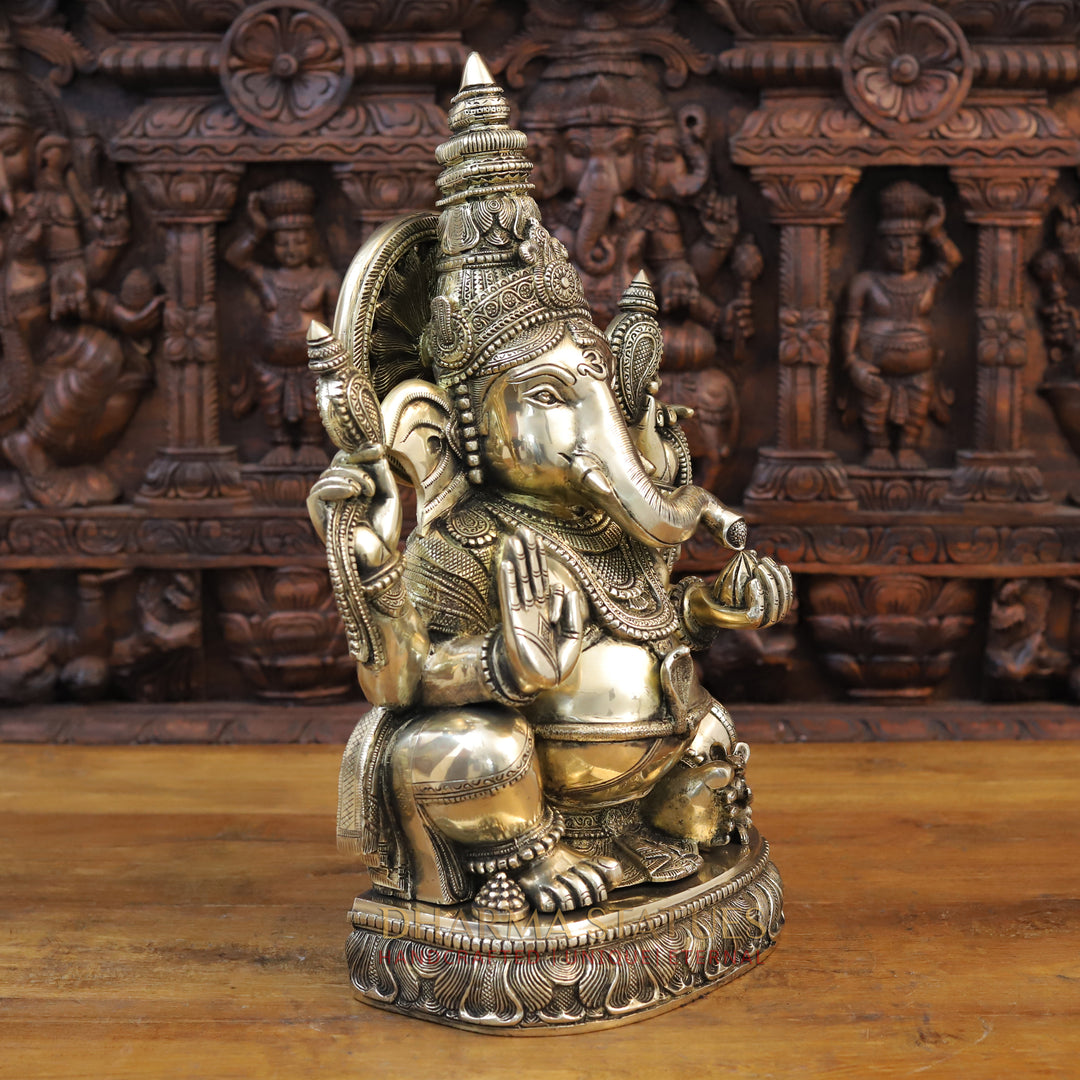 Brass Ganesh Seated with Surya on the Back, Mirror Finish 20"