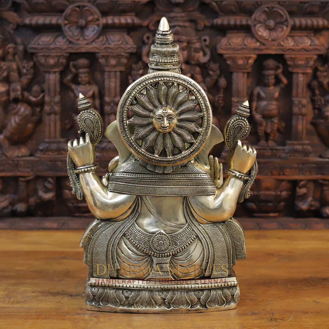 Brass Ganesh Seated with Surya on the Back, Mirror Finish 20"