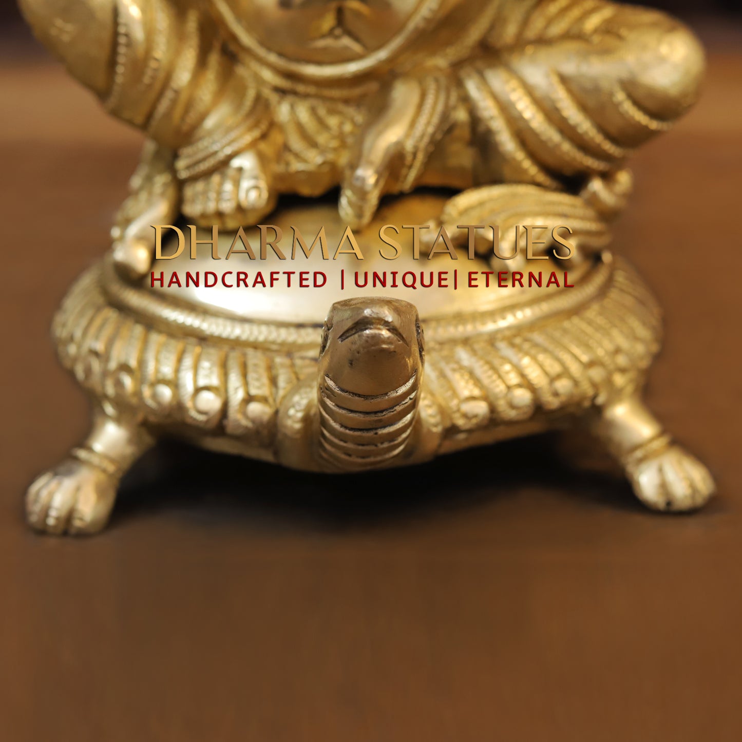 Brass Ganesh Idol, Seating on a Tortoise, Fine Golden Finish 13"