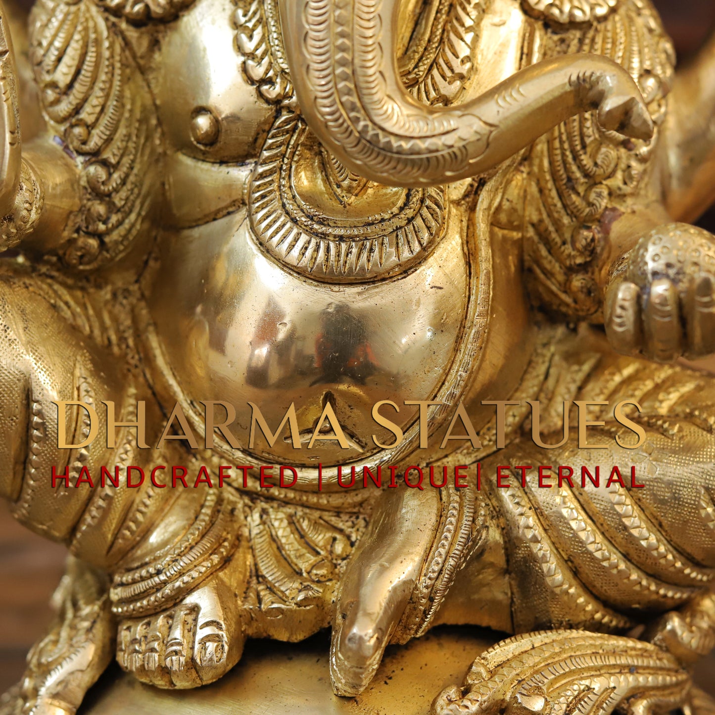 Brass Ganesh Idol, Seating on a Tortoise, Fine Golden Finish 13"
