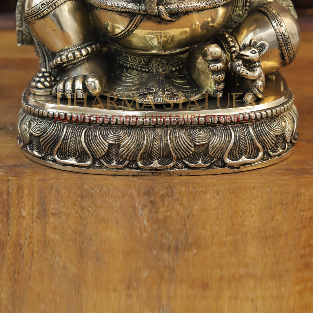 Brass Ganesh Seated with Surya on the Back, Mirror Finish 20"