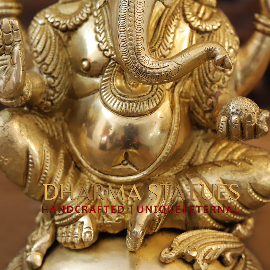 Brass Ganesh Idol, Seating on a Tortoise, Fine Golden Finish 13"