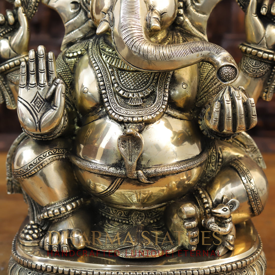 Brass Ganesh Seated with Surya on the Back, Mirror Finish 20"