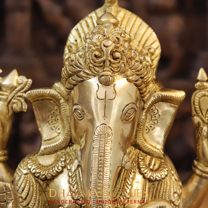 Brass Ganesh Idol, Seating on a Tortoise, Fine Golden Finish 13"