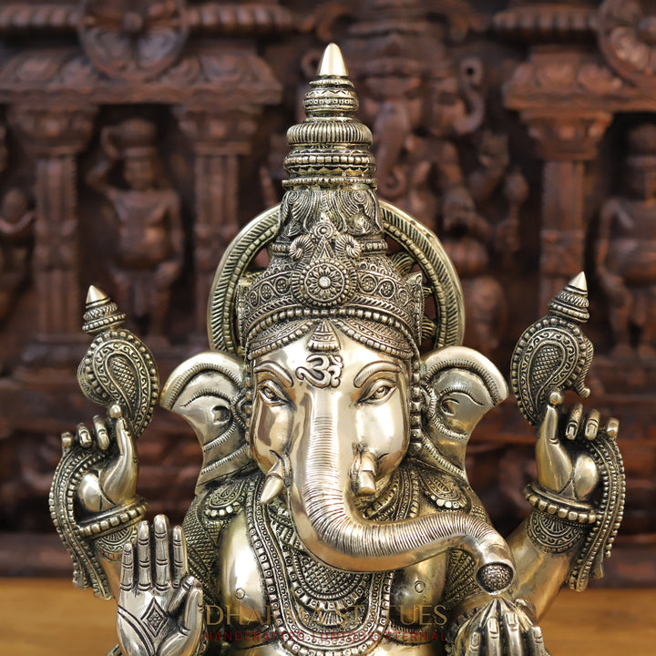 Brass Ganesh Seated with Surya on the Back, Mirror Finish 20"