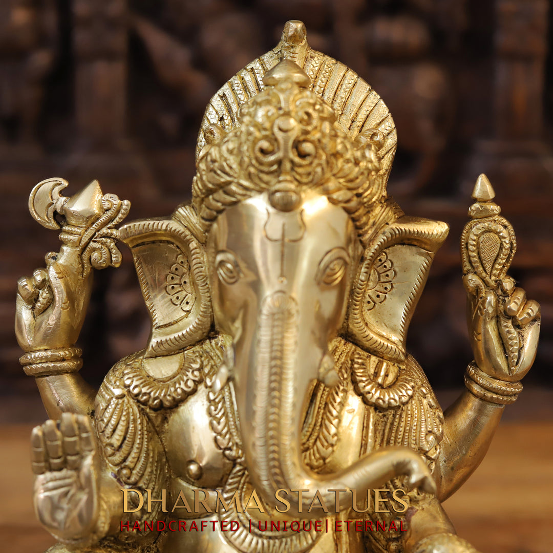 Brass Ganesh Idol, Seating on a Tortoise, Fine Golden Finish 13"