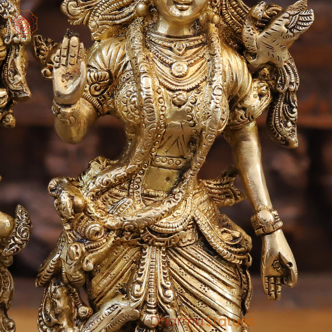 Brass Radha Krishna Idol, Standing on Lotus Pedastal, Fine Golden Finish 14"