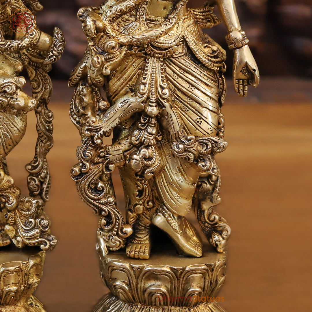 Brass Radha Krishna Idol, Standing on Lotus Pedastal, Fine Golden Finish 14"