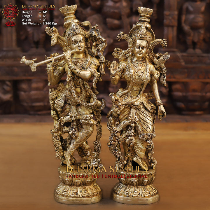 Brass Radha Krishna Idol, Standing on Lotus, Fine Golden Finish 14" Front View