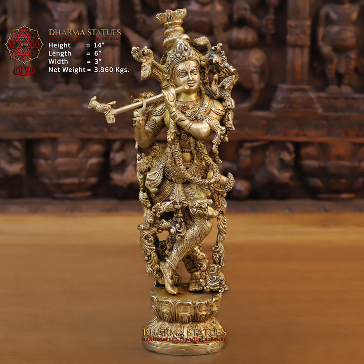 Brass Krishna Idol, Playing Flute, Fine Golden Finish, 28.5" Front View