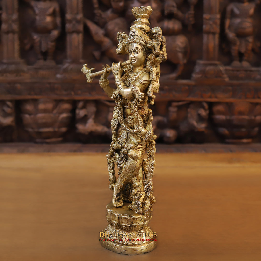 Brass Krishna Idol, Playing Flute on Lotus Pedastal, Fine Golden work, 14"