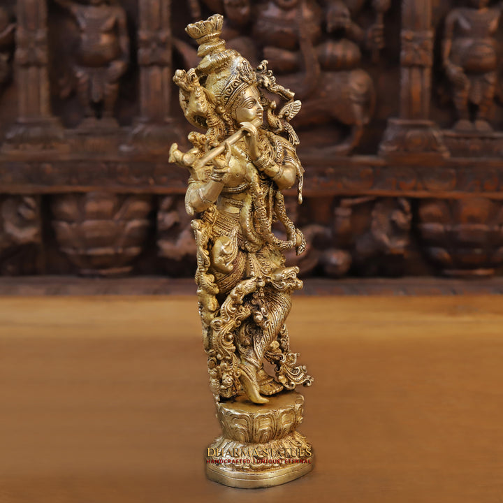 Brass Krishna Idol, Playing Flute on Lotus Pedastal, Fine Golden work, 14"