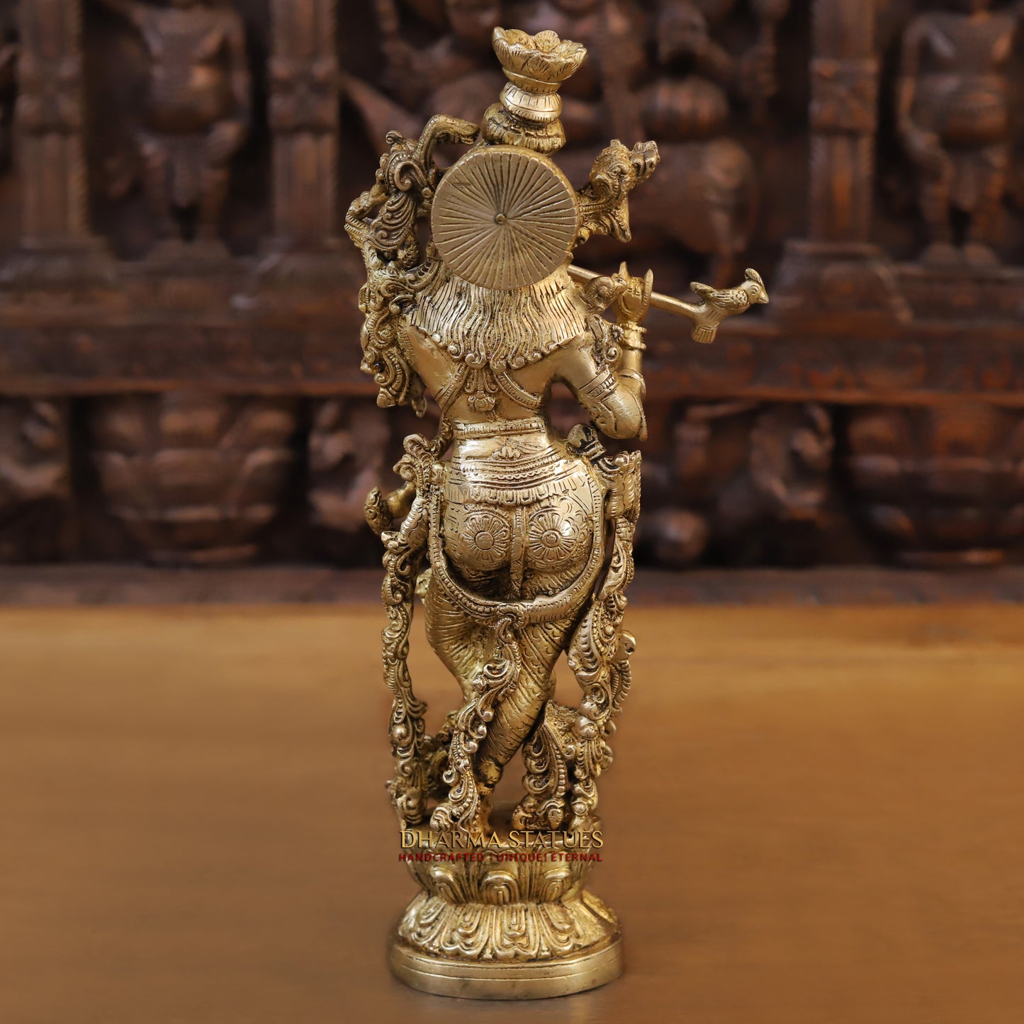 Brass Krishna Idol, Playing Flute on Lotus Pedastal, Fine Golden work, 14"