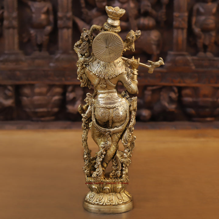 Brass Krishna Idol, Playing Flute on Lotus Pedastal, Fine Golden work, 14"