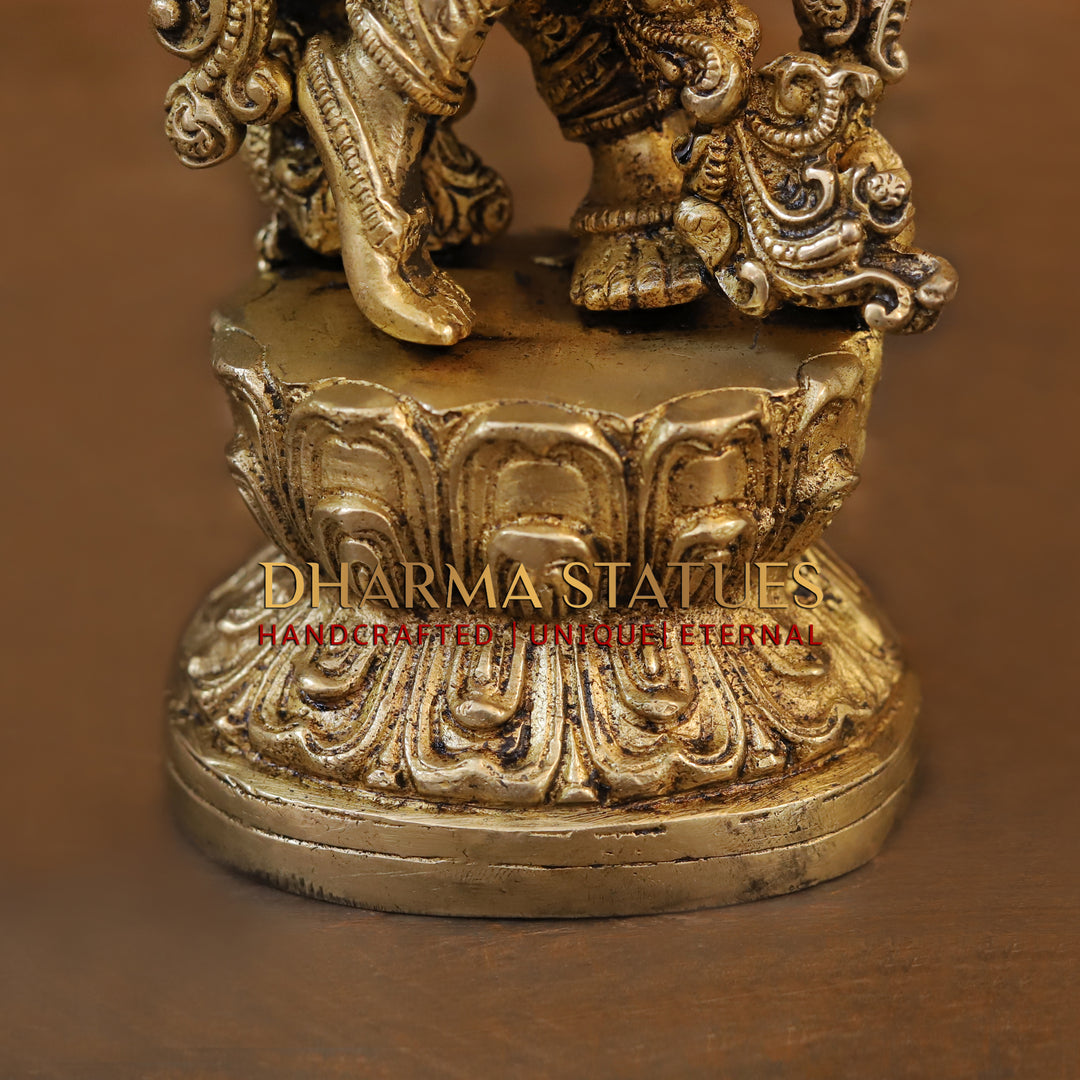 Brass Krishna Idol, Playing Flute on Lotus Pedastal, Fine Golden work, 14"