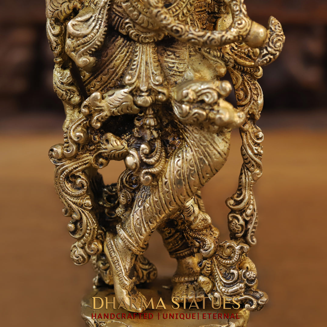 Brass Krishna Idol, Playing Flute on Lotus Pedastal, Fine Golden work, 14"