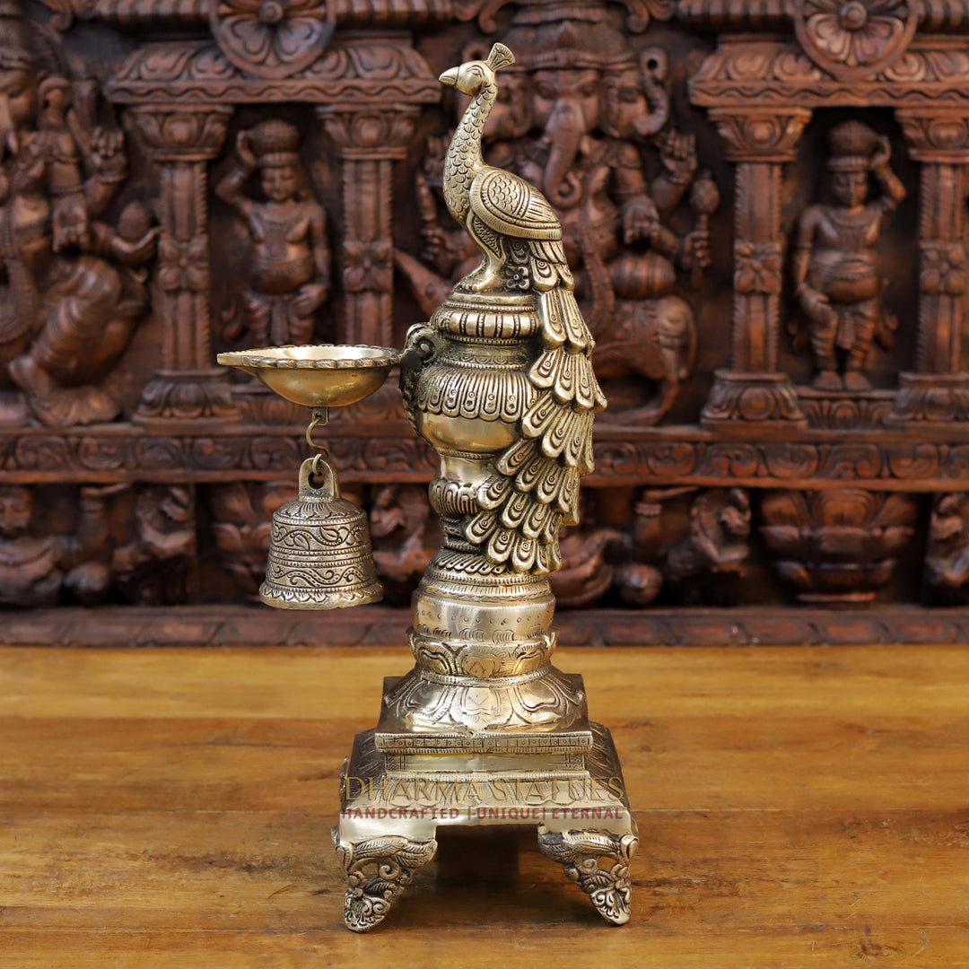 Brass Peacock Diya, Fine Golden Finish 20"