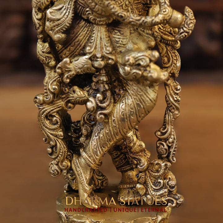 Brass Krishna Idol, Playing Flute on Lotus Pedastal, Fine Golden work, 14"