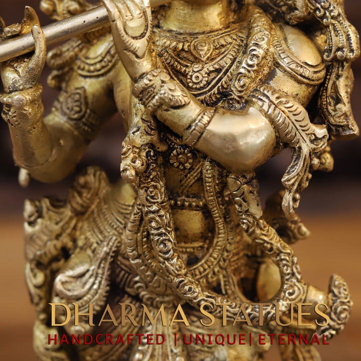 Brass Krishna Idol, Playing Flute on Lotus Pedastal, Fine Golden work, 14"