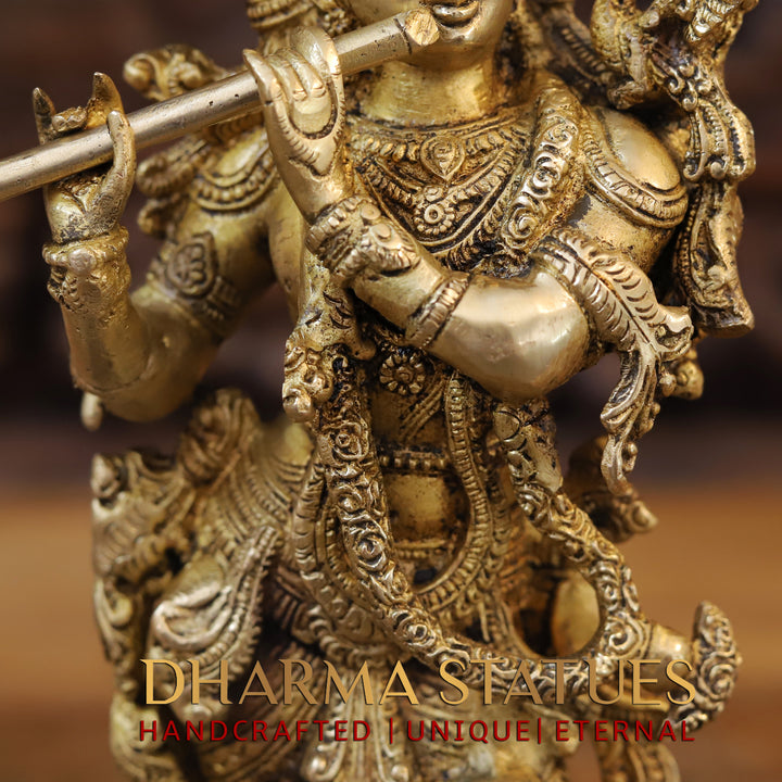 Brass Radha Krishna Idol, Standing on Lotus Pedastal, Fine Golden Finish 14"